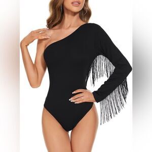 Women's Fringe Trim One Shoulder Long Sleeve Bodysuit Bodycon Leotard. (178)